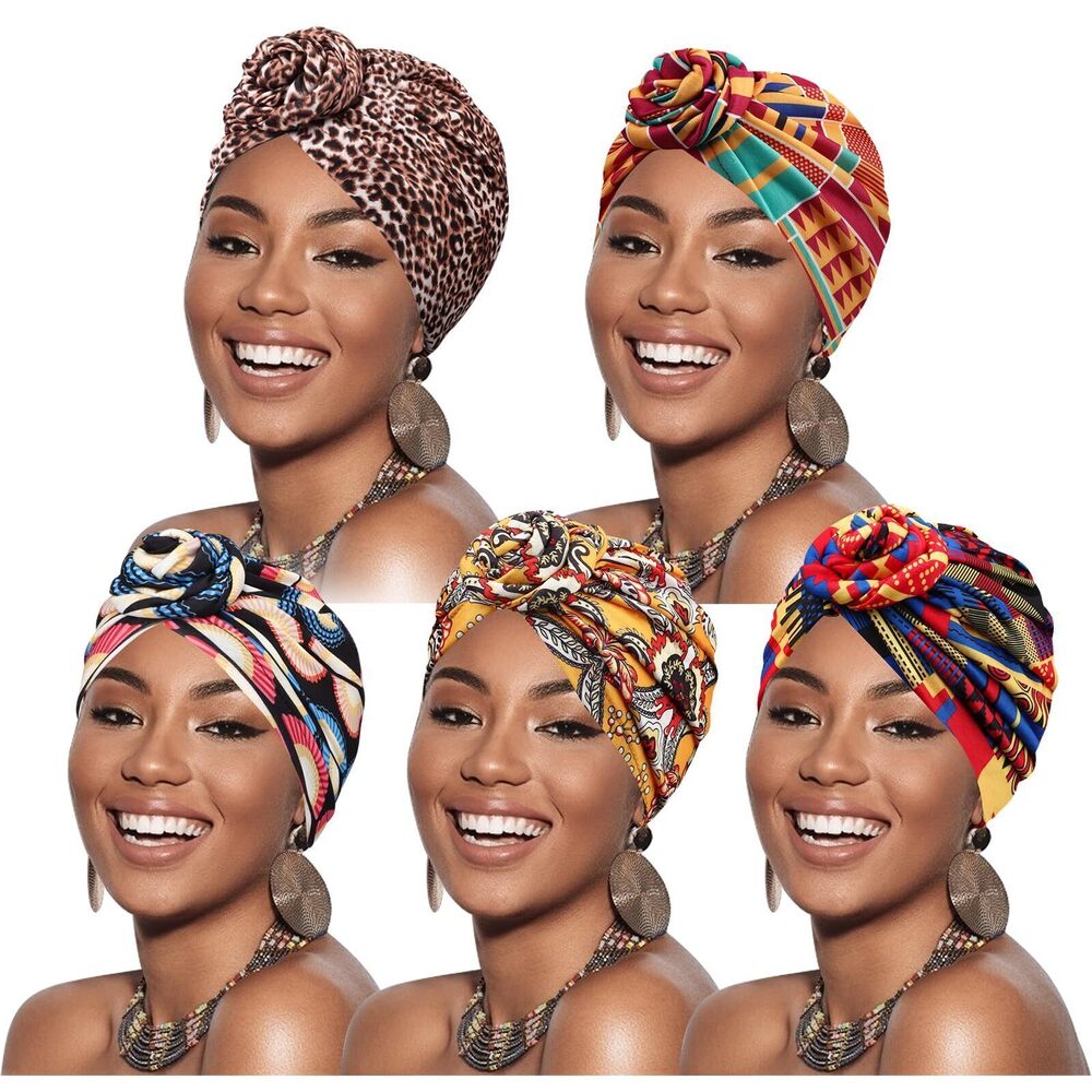 8093 5 Pack Knotted Headwraps African Turban Pre-Knotted Beanie Headwraps